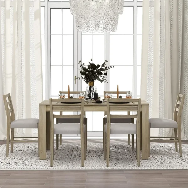 7 Pieces Wooden Dining Table Set Rectangle Extendable Table with 12” Leaf and 2 Drawers, 6 Dining Chairs with Soft Cushion - Image 3