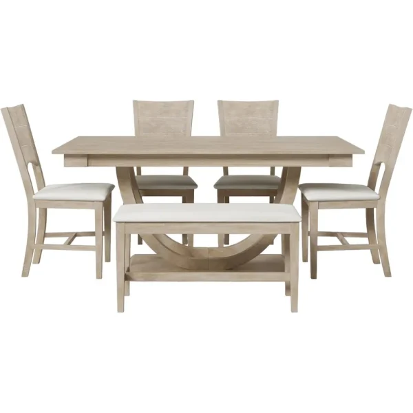 6 Pieces Wood Dining Table Set with Bench, Kitchen Table Set with Half Round Legs, Long Bench and 4 Dining Chairs - Image 4