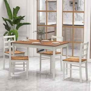 5-Piece Dining Set for 4, Solid Wood Rectangular Table & 4 Chairs wtih Rubber Wood Legs, Kitchen Table and Chairs Set for Small