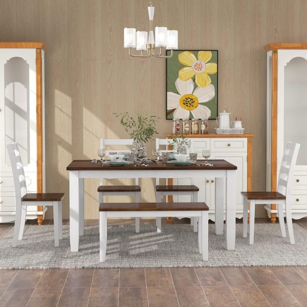 6 Piece Dining Table Set, Wooden Rectangular Kitchen Table and 4 Dining Chairs with Cushions and 1 Bench with Cushion, Wooden Ki - Image 14