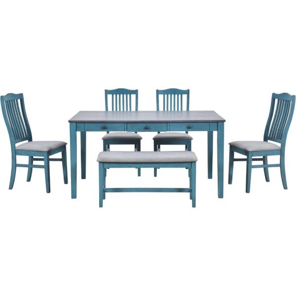 6 Piece Solid Wood Dining Table Set, Farmhouse Kitchen Table Set with 4 Upholstered Chairs, Bench and Storage Drawers, Antique B - Image 3