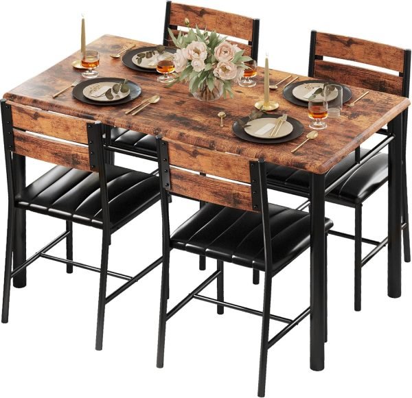 Dining Table Set for 4, Wood Kitchen Table with Upholstered Chairs for Kitchen Room and Small Spaces, Rustic Brown - Image 8