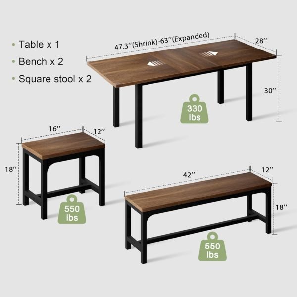 5-Piece Dining Table Set for 4-8 People, 63" Extendable Kitchen Table with 2 Benches and 2 Square Stools, Mid-Century Modern Wo - Image 2