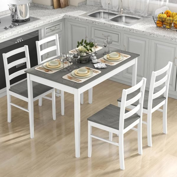 Dining Table Set for 4, Solid Wood, Farmhouse Dinette Set w/Rubber Wood Legs, Mid-Century Modern Dining Table and Chairs Set fo - Image 8