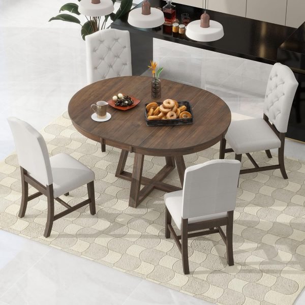 Extendable Dining Table Set for 4, 5-Piece Round Table Set with 4 Chairs, Circle Table with Upholstered Chairs, Oval Kitchen Ta - Image 13