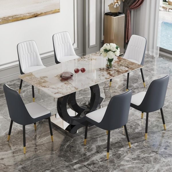 63" Dining Room Table Set for 6, Modern Dining Table Set for 6, Faux Marble Dining Top with OC Shaped Leg Metal Base Table - Image 8