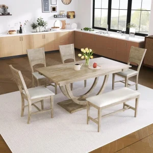 6 Pieces Wood Dining Table Set with Bench, Kitchen Table Set with Half Round Legs, Long Bench and 4 Dining Chairs