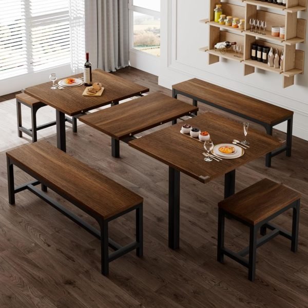 5-Piece Dining Table Set for 4-8 People, 63" Extendable Kitchen Table with 2 Benches and 2 Square Stools, Mid-Century Modern Wo - Image 3