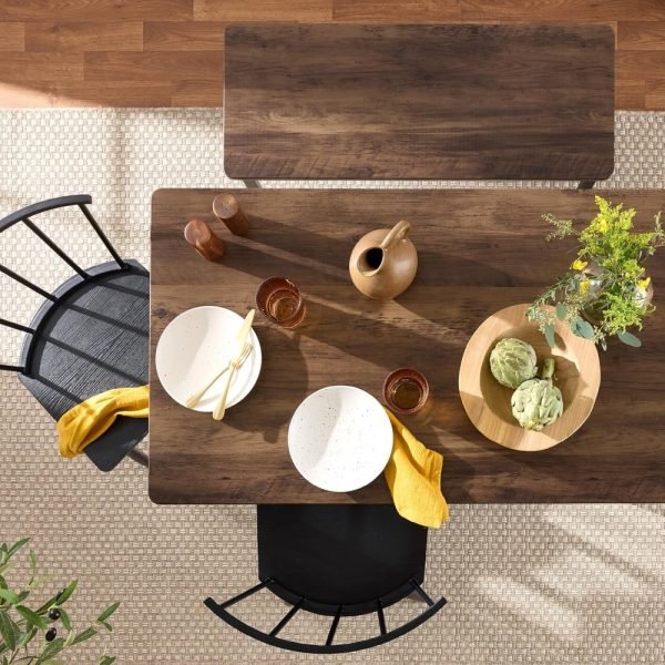 4-Piece Farmhouse Dining Table Set w/ 2 Black Spindle Chairs, Dining Bench, Kitchen Table, Windsor Chairs - Dark Brown - Image 3