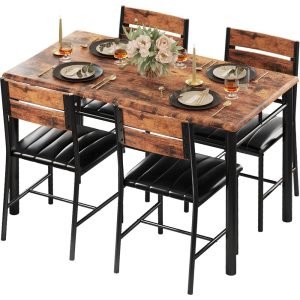 Dining Table Set for 4, Wood Kitchen Table with Upholstered Chairs for Kitchen Room and Small Spaces, Rustic Brown