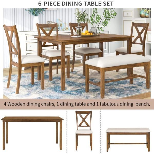 6 Piece Dining Table Set, Wooden Rectangular Kitchen Table and 4 Dining Chairs with Cushions and 1 Bench with Cushion, Wooden Ki - Image 2