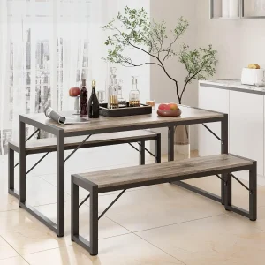 45.5" Dining Table Set for 4, Kitchen Table Set with 2 Benches, Dining Room Table Set with Metal Frame & MDF Board, Space-Savin
