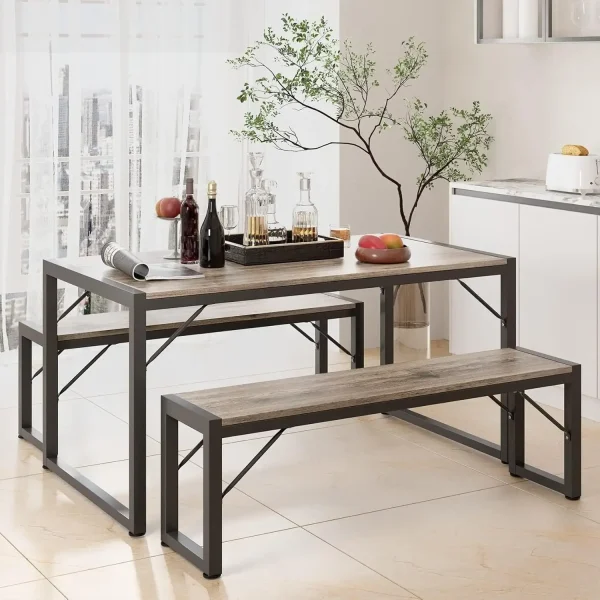 45.5" Dining Table Set for 4, Kitchen Table Set with 2 Benches, Dining Room Table Set with Metal Frame & MDF Board, Space-Savin