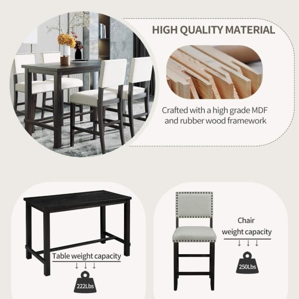 5 Piece Dining Table Set for 4,Counter Height Kitchen Table Set with One Rectangle Table and 4 Cushioned Chairs for 4 Persons D - Image 5