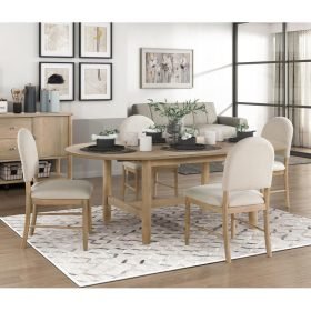 Elegant Luxury 5-Piece Dining Set with Natural Finish Oval Table and 4 Beige Upholstered Side Chairs for Stylish Dining