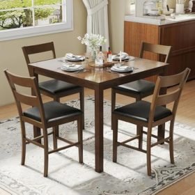 5-Piece Dining Table Set with 4 Chairs, Mid Century Modern Kitchen Table and Chairs Set with Rubberwood Legs & PU Cushion, Compa