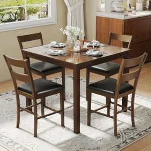 5-Piece Dining Table Set with 4 Chairs, Mid Century Modern Kitchen Table and Chairs Set with Rubberwood Legs & PU Cushion, Compa
