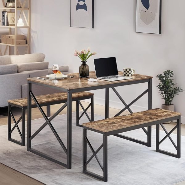Kitchen Table with 2 Benches for 4, 43.3'' Wood Dining Room Dinette Sets with X Metal Frame for Breakfast Nook and Small Space, - Image 6