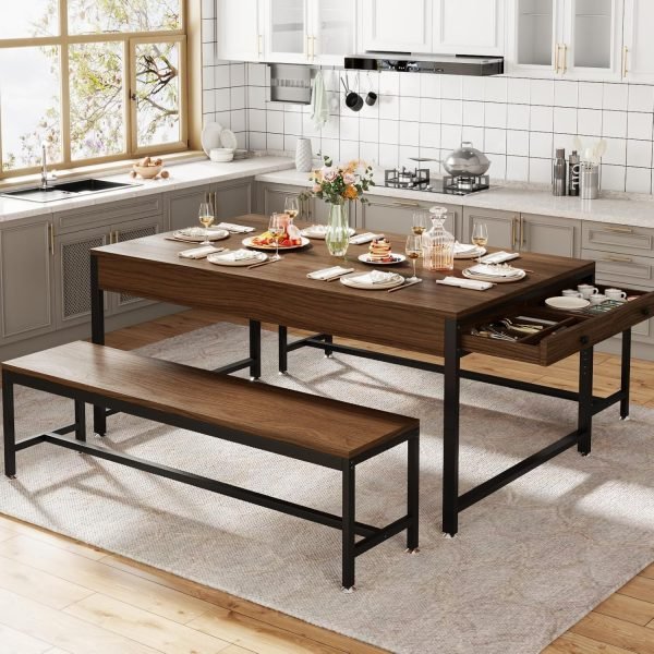 63" Dining Table Set for 4-6, 3-Piece Kitchen Table with 2 Utensil Drawers, 2 Benches & Wine Rack, Modern Space Saving - Image 5