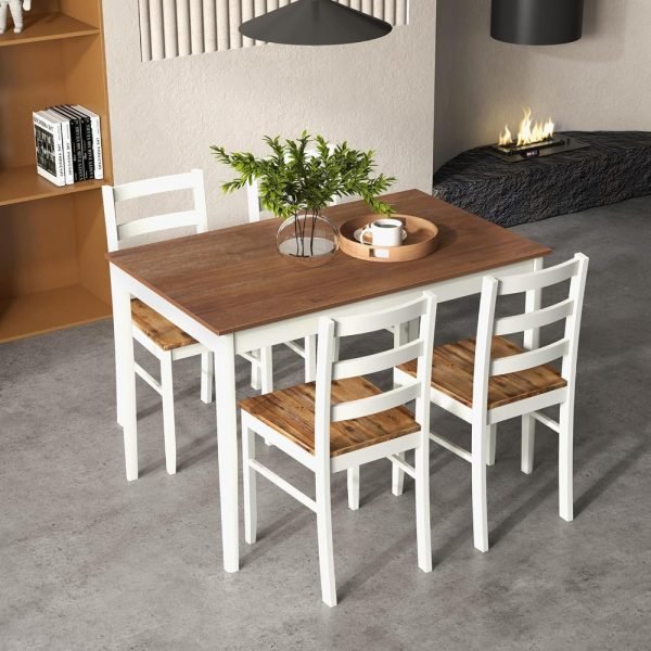 5-Piece Dining Set for 4, Solid Wood Rectangular Table & 4 Chairs wtih Rubber Wood Legs, Kitchen Table and Chairs Set for Small - Image 2