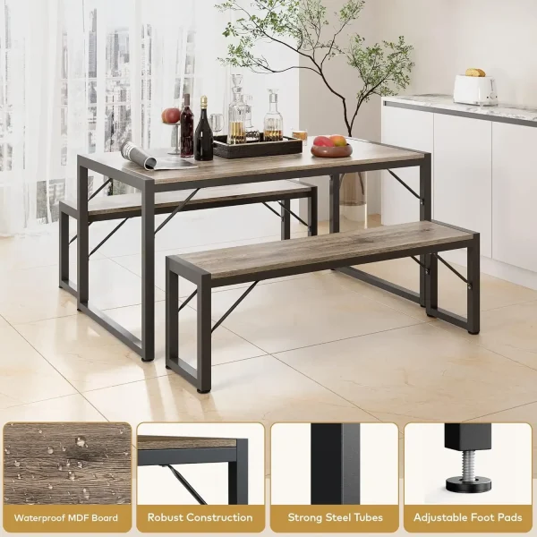 45.5" Dining Table Set for 4, Kitchen Table Set with 2 Benches, Dining Room Table Set with Metal Frame & MDF Board, Space-Savin - Image 5