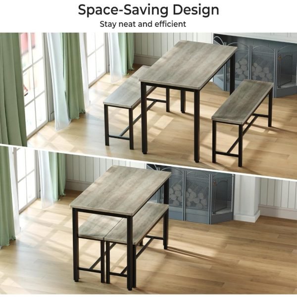 Dining Table Set for 4, 3-Piece Kitchen Table with 2 Benches, Space-Saving Dining Room Set for Breakfast Nook and Small Spaces, - Image 3