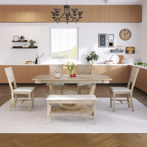 6 Pieces Wood Dining Table Set with Bench, Kitchen Table Set with Half Round Legs, Long Bench and 4 Dining Chairs - Image 3