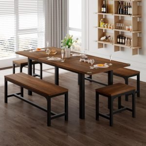 5-Piece Dining Table Set for 4-8 People, 63" Extendable Kitchen Table with 2 Benches and 2 Square Stools, Mid-Century Modern Wo
