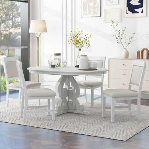 5 Piece Farmhouse Dining Table Set, Extendable Kitchen Table Set with 4 Upholstered Chairs, Solid Wood Table and Chairs Set for