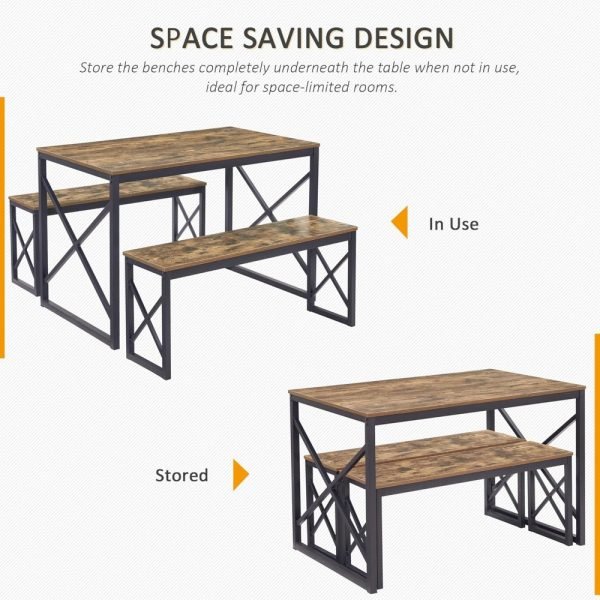 Kitchen Table with 2 Benches for 4, 43.3'' Wood Dining Room Dinette Sets with X Metal Frame for Breakfast Nook and Small Space, - Image 3