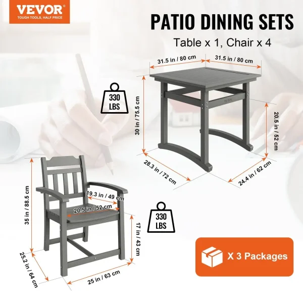 5 Pieces Patio Dining Set, Outdoor Square Furniture Table and Chairs, All Weather Garden Furniture Table Sets, Light Gray - Image 2