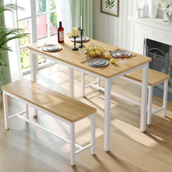 Dining Table Set for 4, 3-Piece Kitchen Table with 2 Benches, Space-Saving Dining Room Set for Breakfast Nook and Small Spaces, - Image 9