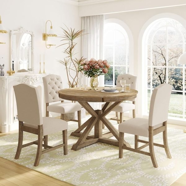 Extendable Dining Table Set for 4, 5-Piece Round Table Set with 4 Chairs, Circle Table with Upholstered Chairs, Oval Kitchen Ta - Image 6