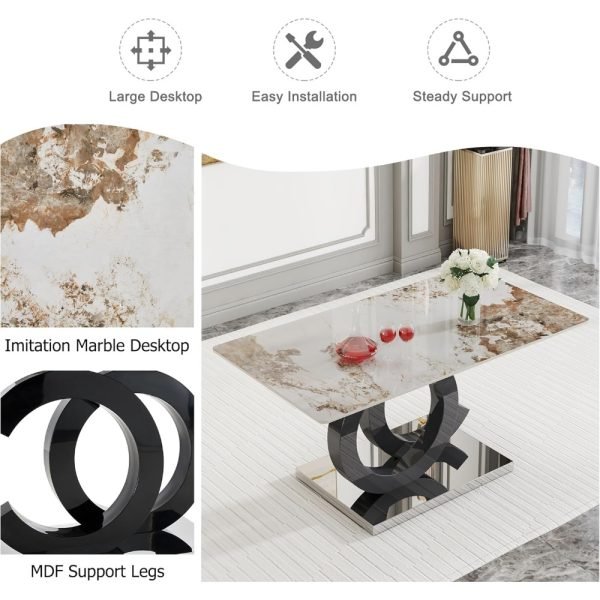 63" Dining Room Table Set for 6, Modern Dining Table Set for 6, Faux Marble Dining Top with OC Shaped Leg Metal Base Table - Image 3