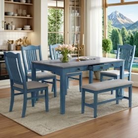 6 Piece Solid Wood Dining Table Set, Farmhouse Kitchen Table Set with 4 Upholstered Chairs, Bench and Storage Drawers, Antique B