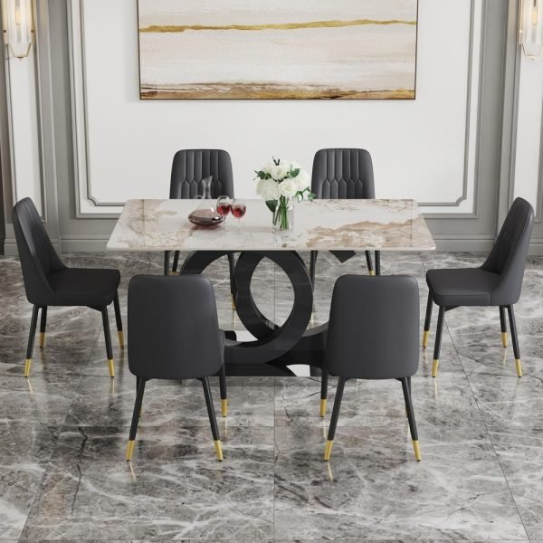 63" Dining Room Table Set for 6, Modern Dining Table Set for 6, Faux Marble Dining Top with OC Shaped Leg Metal Base Table - Image 2