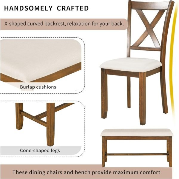 6 Piece Dining Table Set, Wooden Rectangular Kitchen Table and 4 Dining Chairs with Cushions and 1 Bench with Cushion, Wooden Ki - Image 5