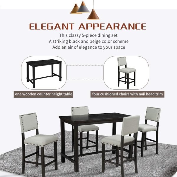5 Piece Dining Table Set for 4,Counter Height Kitchen Table Set with One Rectangle Table and 4 Cushioned Chairs for 4 Persons D - Image 6