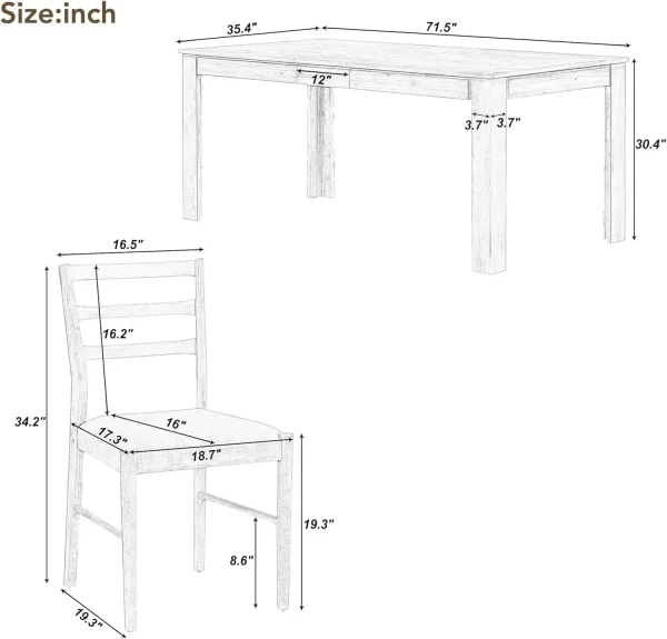 7 Pieces Wooden Dining Table Set Rectangle Extendable Table with 12” Leaf and 2 Drawers, 6 Dining Chairs with Soft Cushion - Image 4
