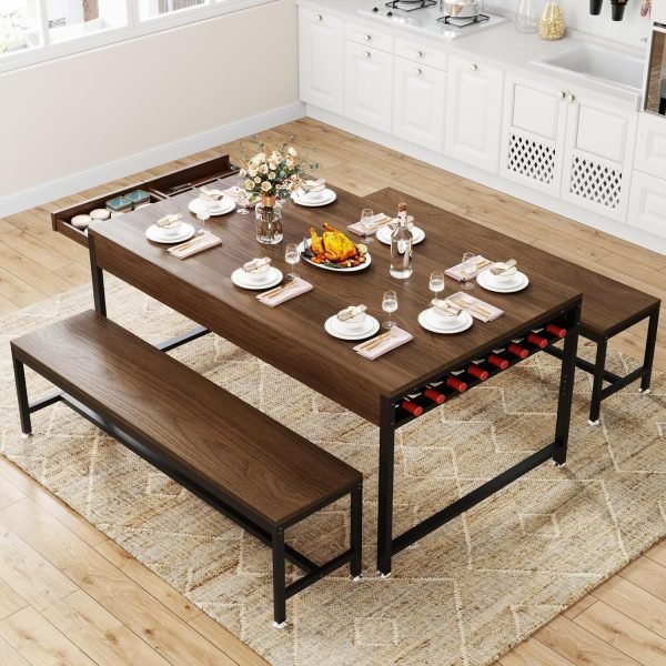 63" Dining Table Set for 4-6, 3-Piece Kitchen Table with 2 Utensil Drawers, 2 Benches & Wine Rack, Modern Space Saving - Image 3