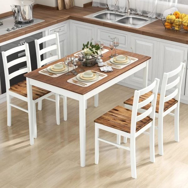 Dining Table Set for 4, Solid Wood, Farmhouse Dinette Set w/Rubber Wood Legs, Mid-Century Modern Dining Table and Chairs Set fo