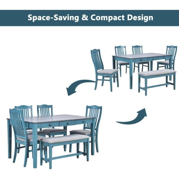 6 Piece Solid Wood Dining Table Set, Farmhouse Kitchen Table Set with 4 Upholstered Chairs, Bench and Storage Drawers, Antique B - Image 5