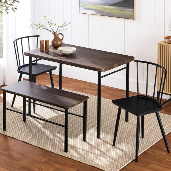 4-Piece Farmhouse Dining Table Set w/ 2 Black Spindle Chairs, Dining Bench, Kitchen Table, Windsor Chairs - Dark Brown