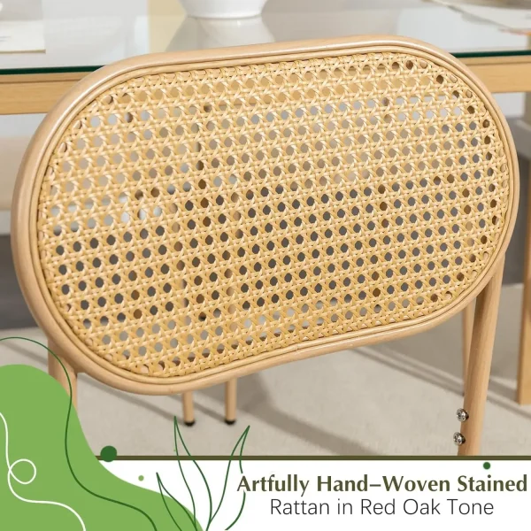 Boho Dining Table Chairs Set of 4, Tempered Glass Tabletop with Rattan Decor, Upholstered Cane Dining Chair - Image 3