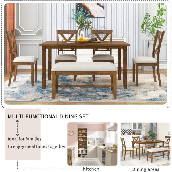6 Piece Dining Table Set, Wooden Rectangular Kitchen Table and 4 Dining Chairs with Cushions and 1 Bench with Cushion, Wooden Ki - Image 4