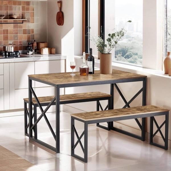 Kitchen Table with 2 Benches for 4, 43.3'' Wood Dining Room Dinette Sets with X Metal Frame for Breakfast Nook and Small Space, - Image 2