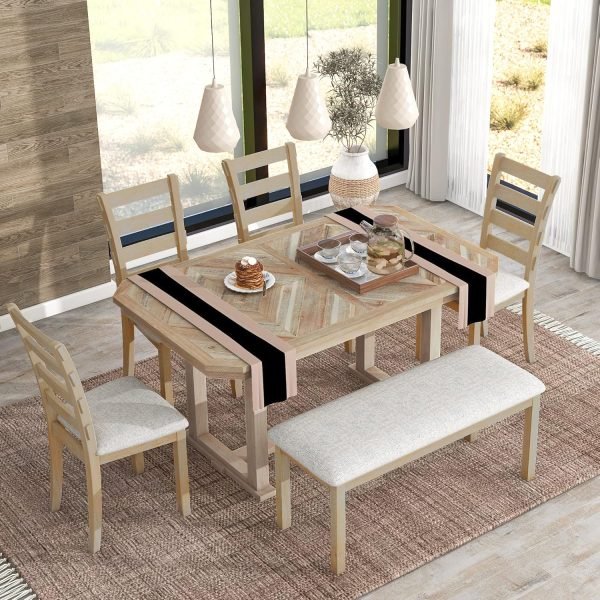 6 Piece Dining Table Set, Wooden Rectangular Kitchen Table and 4 Dining Chairs with Cushions and 1 Bench with Cushion, Wooden Ki - Image 13
