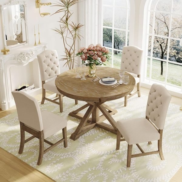 Extendable Dining Table Set for 4, 5-Piece Round Table Set with 4 Chairs, Circle Table with Upholstered Chairs, Oval Kitchen Ta - Image 2