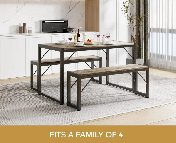 45.5" Dining Table Set for 4, Kitchen Table Set with 2 Benches, Dining Room Table Set with Metal Frame & MDF Board, Space-Savin - Image 2