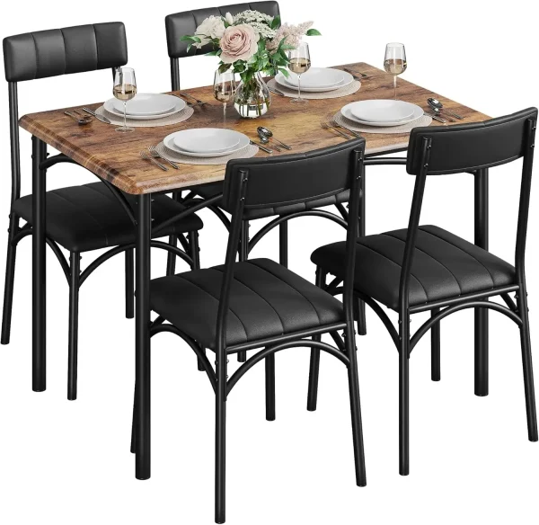 Kitchen Table and Chairs, Dining Room Table Set for 4 with Upholstered Chairs, Metal and Wood Rectangular Dining Table - Image 3